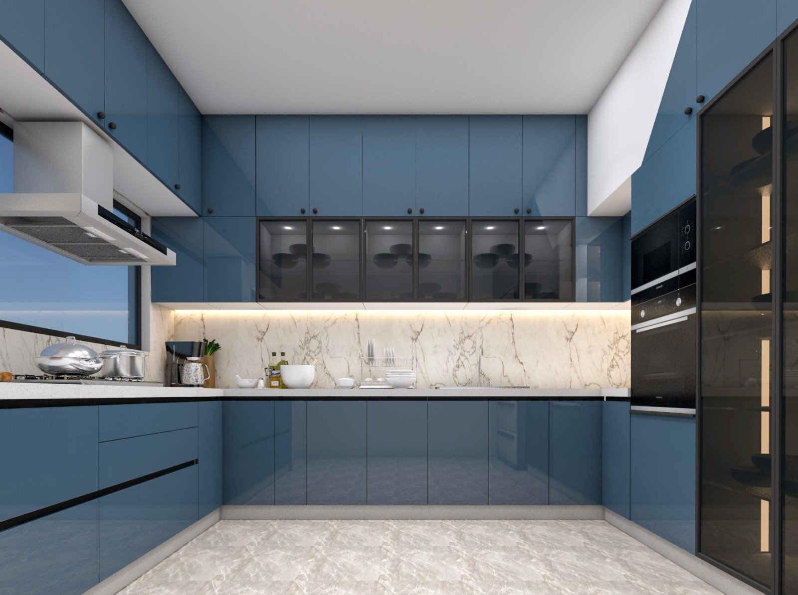 Blue modular kitchen by Vastva Studio